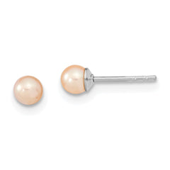 QE12718 Sterling Silver Rhodium-plated 3-4mm Pink Round Freshwater Cultured Pearl Post Earrings
