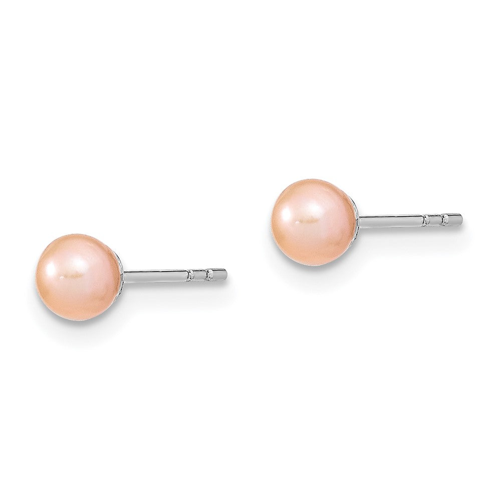 QE12719 Sterling Silver Rhodium-plated 4-5mm Pink Round Freshwater Cultured Pearl Post Earrings
