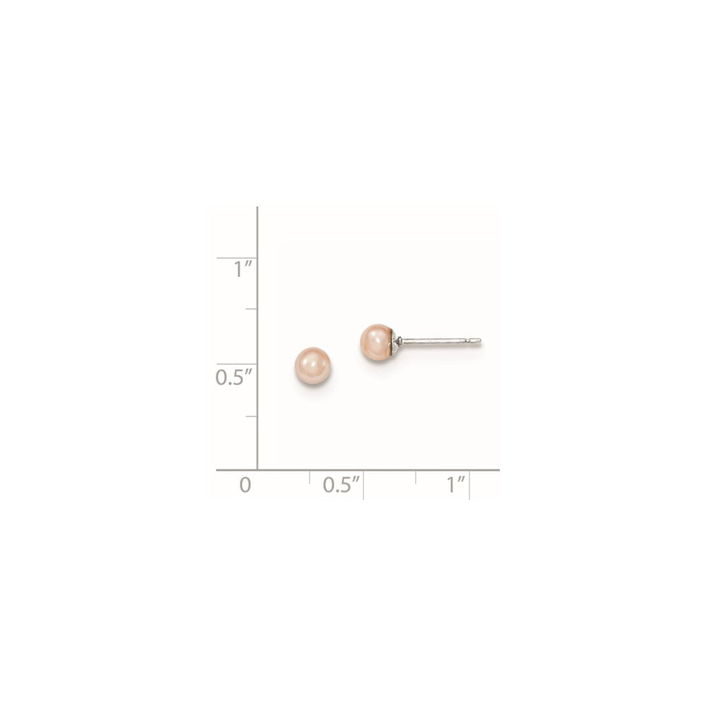 QE12719 Sterling Silver Rhodium-plated 4-5mm Pink Round Freshwater Cultured Pearl Post Earrings