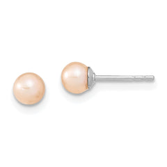 QE12719 Sterling Silver Rhodium-plated 4-5mm Pink Round Freshwater Cultured Pearl Post Earrings
