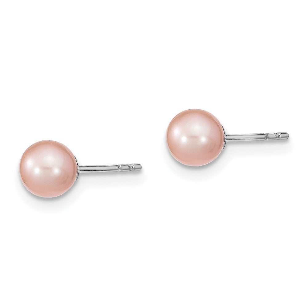 QE12720 Sterling Silver Rhodium-plated 5-6mm Pink Round Freshwater Cultured Pearl Post Earrings