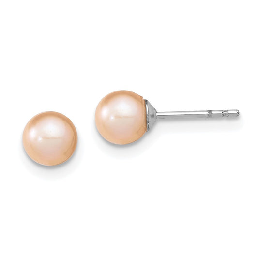 QE12720 Sterling Silver Rhodium-plated 5-6mm Pink Round Freshwater Cultured Pearl Post Earrings