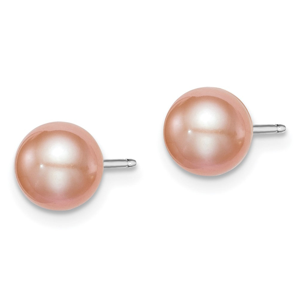 QE12721 Sterling Silver Rhodium-plated 6-7mm Pink Round Freshwater Cultured Pearl Post Earrings