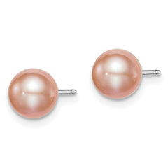 QE12721 Sterling Silver Rhodium-plated 6-7mm Pink Round Freshwater Cultured Pearl Post Earrings