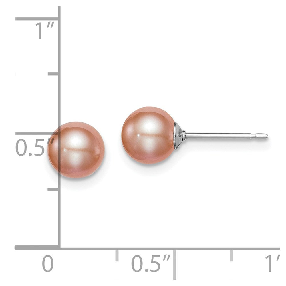 QE12721 Sterling Silver Rhodium-plated 6-7mm Pink Round Freshwater Cultured Pearl Post Earrings
