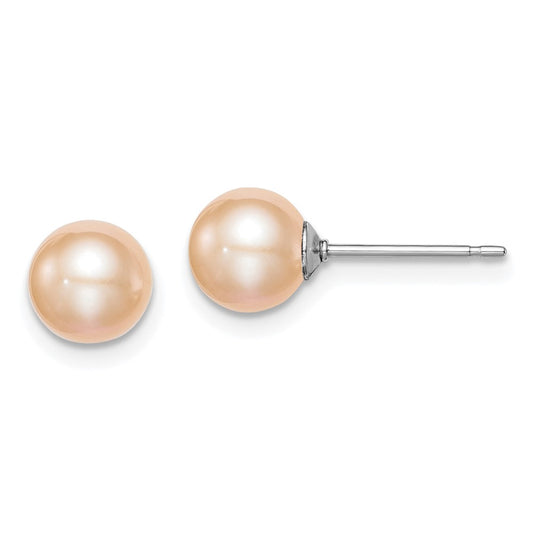 QE12721 Sterling Silver Rhodium-plated 6-7mm Pink Round Freshwater Cultured Pearl Post Earrings