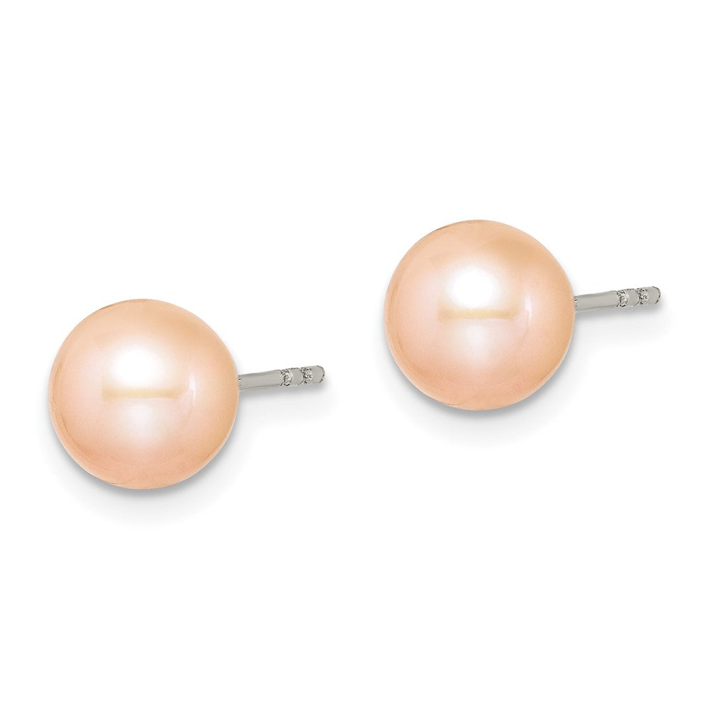 QE12722 Sterling Silver Rhodium-plated 7-8mm Pink Round Freshwater Cultured Pearl Post Earrings