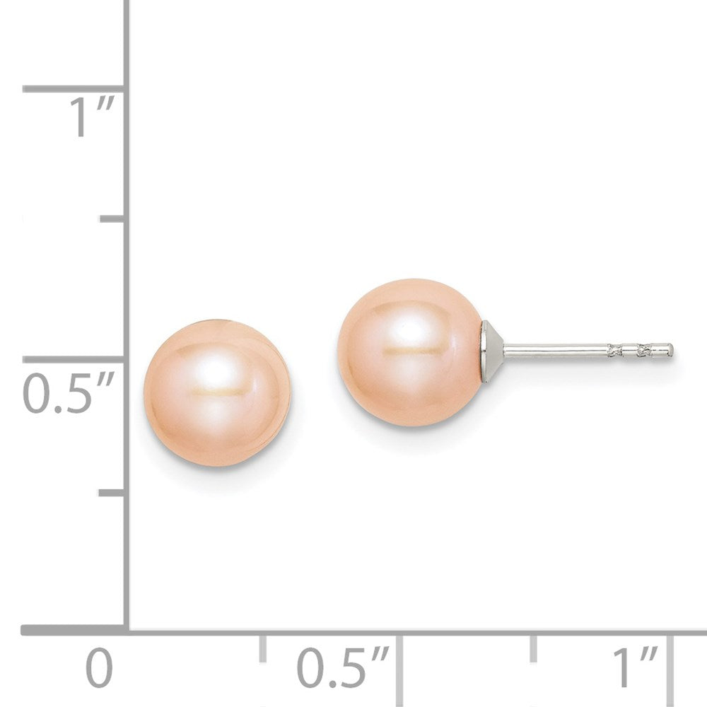 QE12722 Sterling Silver Rhodium-plated 7-8mm Pink Round Freshwater Cultured Pearl Post Earrings