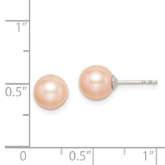 QE12722 Sterling Silver Rhodium-plated 7-8mm Pink Round Freshwater Cultured Pearl Post Earrings