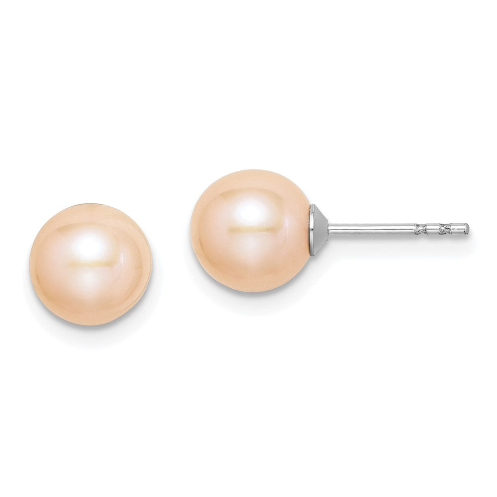 QE12722 Sterling Silver Rhodium-plated 7-8mm Pink Round Freshwater Cultured Pearl Post Earrings