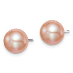 QE12723 Sterling Silver Rhodium-plated 8-9mm Pink Round Freshwater Cultured Pearl Post Earrings