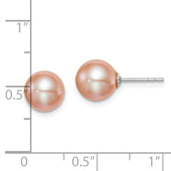 QE12723 Sterling Silver Rhodium-plated 8-9mm Pink Round Freshwater Cultured Pearl Post Earrings