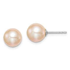 QE12723 Sterling Silver Rhodium-plated 8-9mm Pink Round Freshwater Cultured Pearl Post Earrings