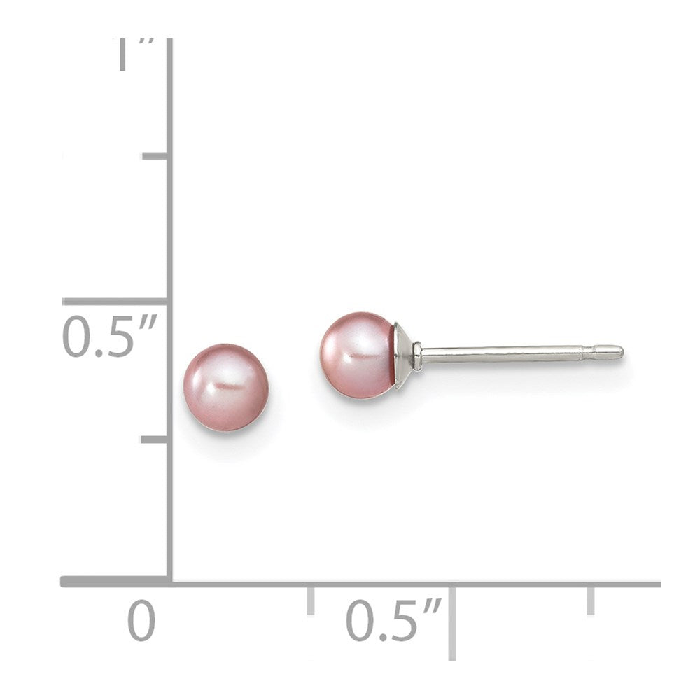 QE12724 Sterling Silver Rhodium-plated 3-4mm Purple Round Freshwater Cultured Pearl Post Earring
