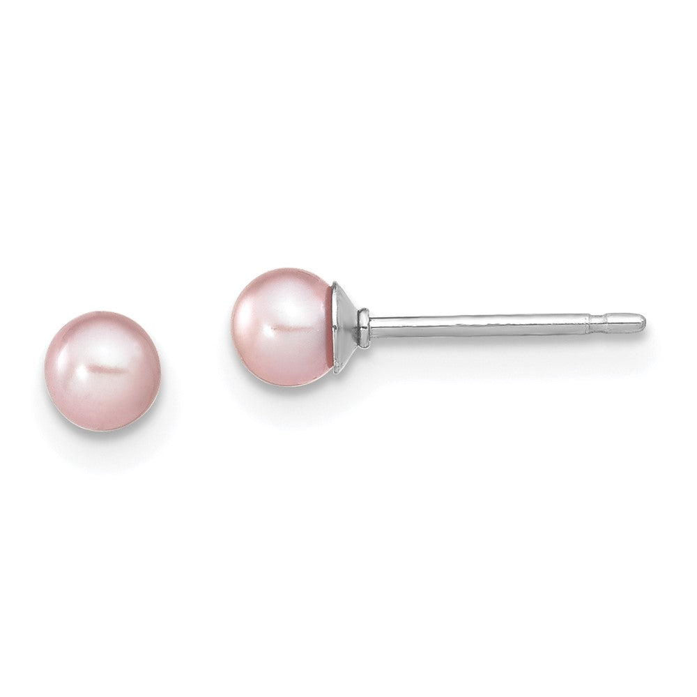 QE12724 Sterling Silver Rhodium-plated 3-4mm Purple Round Freshwater Cultured Pearl Post Earring
