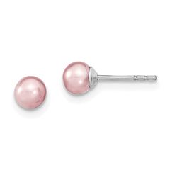 QE12725 Sterling Silver Rhodium-plated 4-5mm Purple Round Freshwater Cultured Pearl Post Earrings