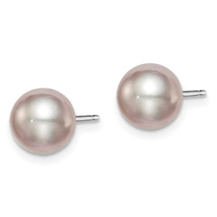 QE12728 Sterling Silver Rhodium-plated 7-8mm Purple Round Freshwater Cultured Pearl Post Earring