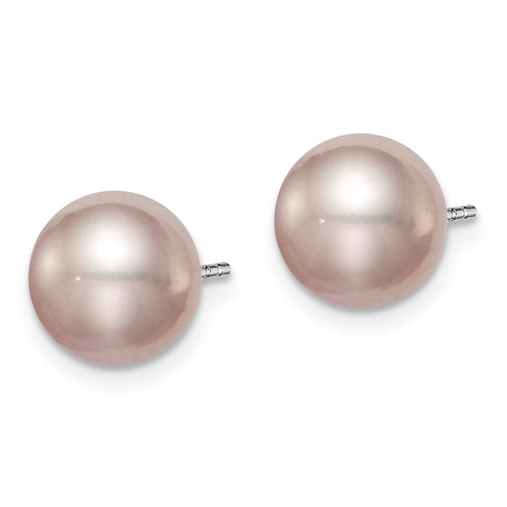 QE12729 Sterling Silver Rhodium-plated 8-9mm Purple Round Freshwater Cultured Pearl Post Earring