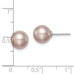 QE12729 Sterling Silver Rhodium-plated 8-9mm Purple Round Freshwater Cultured Pearl Post Earring