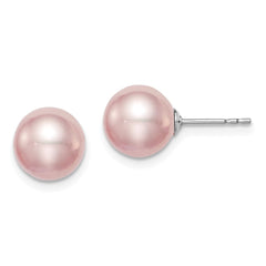 QE12729 Sterling Silver Rhodium-plated 8-9mm Purple Round Freshwater Cultured Pearl Post Earring