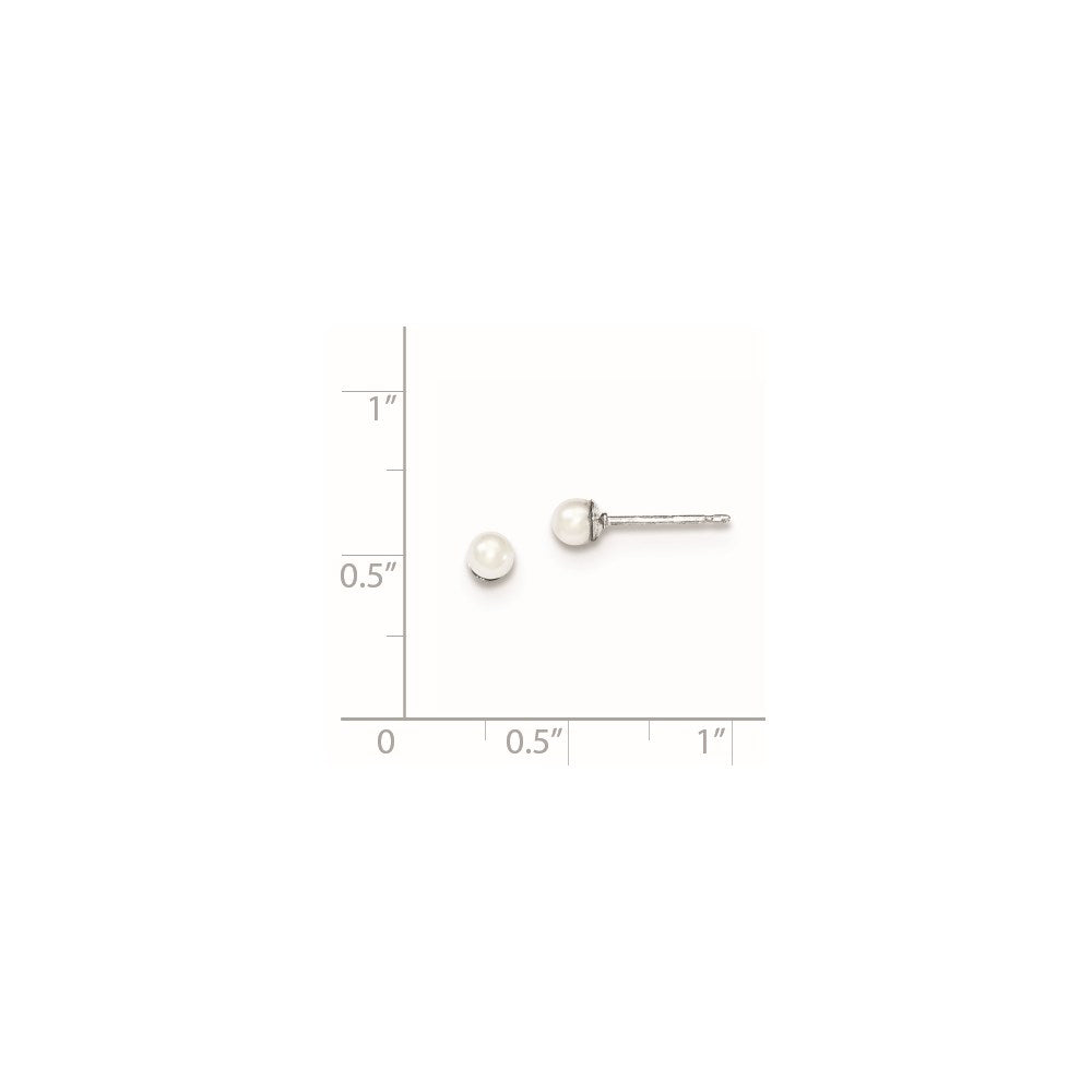 QE12730 Sterling Silver Rhodium-plated 3-4mm White Round Freshwater Cultured Pearl Post Earrings