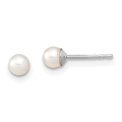 QE12730 Sterling Silver Rhodium-plated 3-4mm White Round Freshwater Cultured Pearl Post Earrings