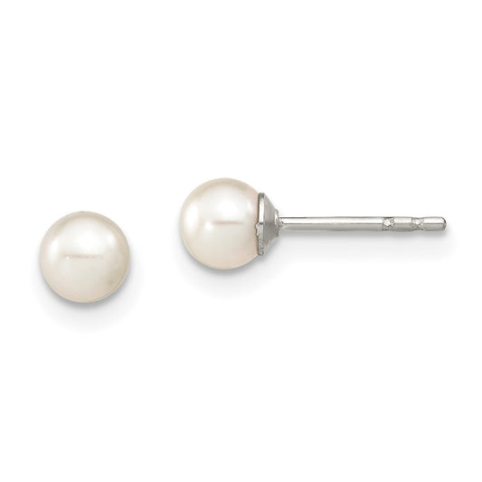 QE12731 Sterling Silver Rhodium-plated 4-5mm White Round Freshwater Cultured Pearl Post Earrings