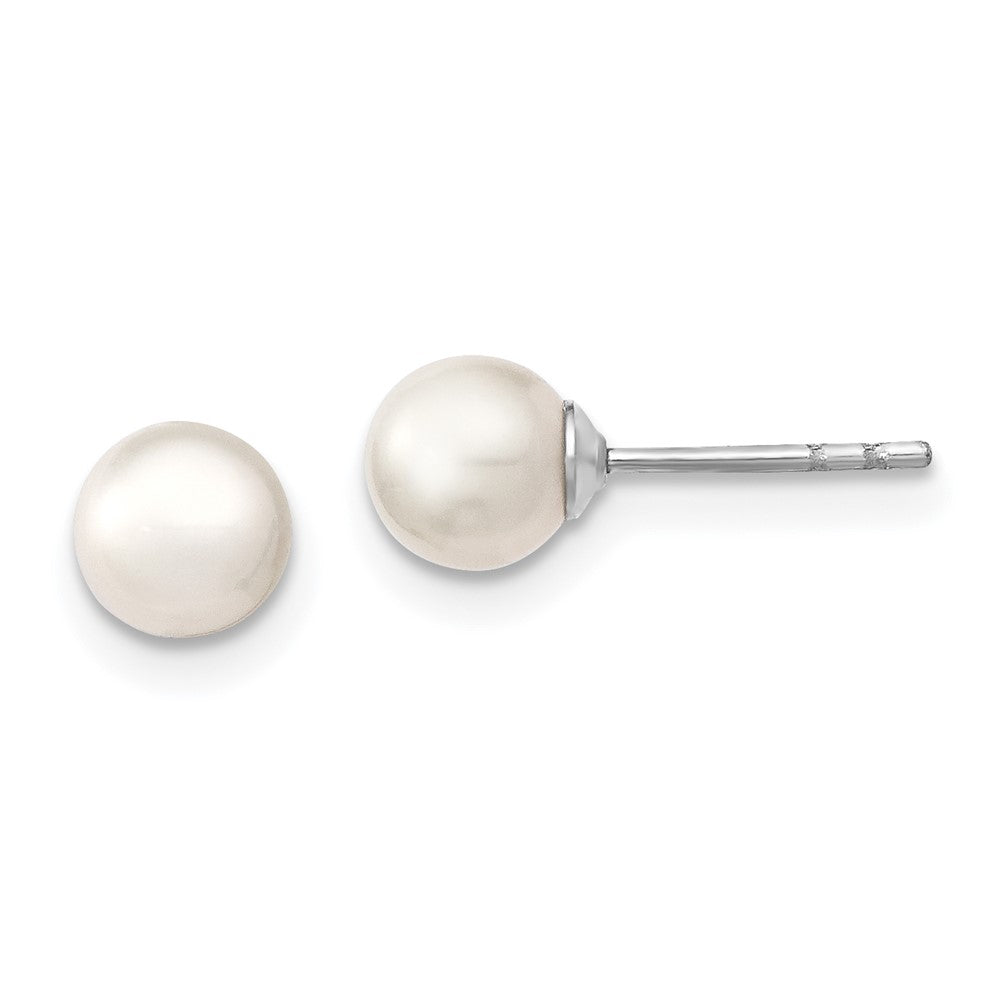 QE12732 Sterling Silver Rhodium-plated 5-6mm White Round Freshwater Cultured Pearl Post Earrings