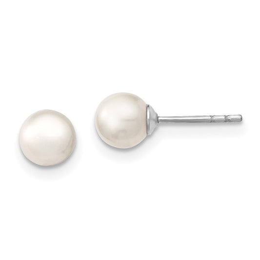QE12732 Sterling Silver Rhodium-plated 5-6mm White Round Freshwater Cultured Pearl Post Earrings