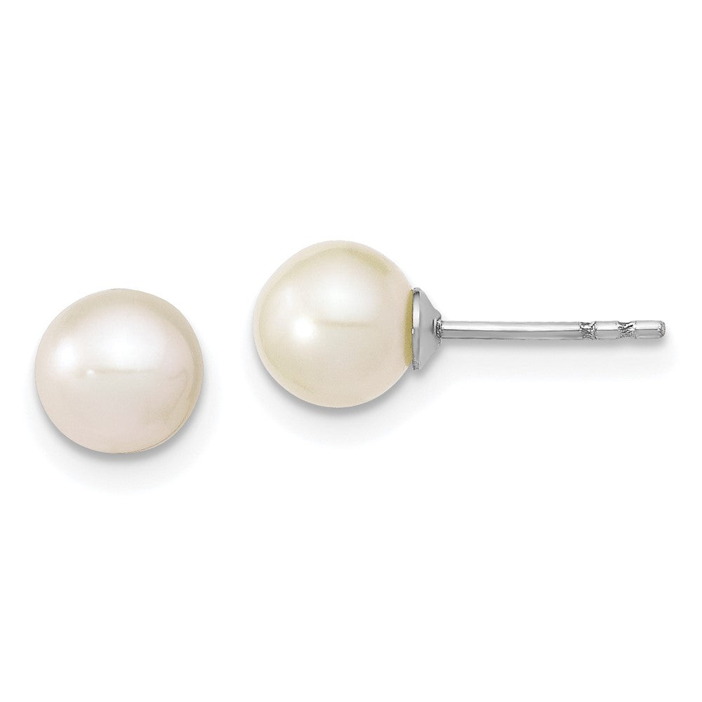QE12733 Sterling Silver Rhodium-plated 6-7mm White Round Freshwater Cultured Pearl Post Earrings