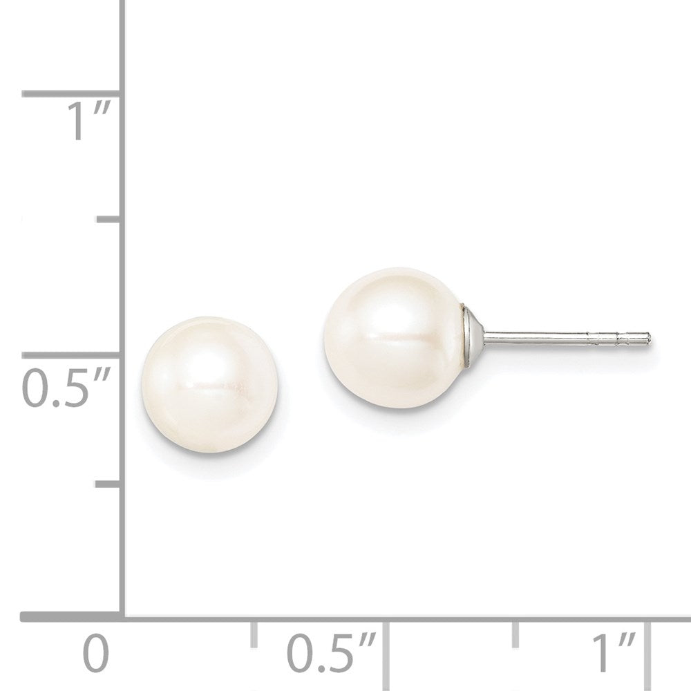 QE12734 Sterling Silver Rhodium-plated 7-8mm White Round Freshwater Cultured Pearl Post Earrings
