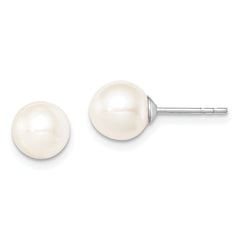 QE12734 Sterling Silver Rhodium-plated 7-8mm White Round Freshwater Cultured Pearl Post Earrings