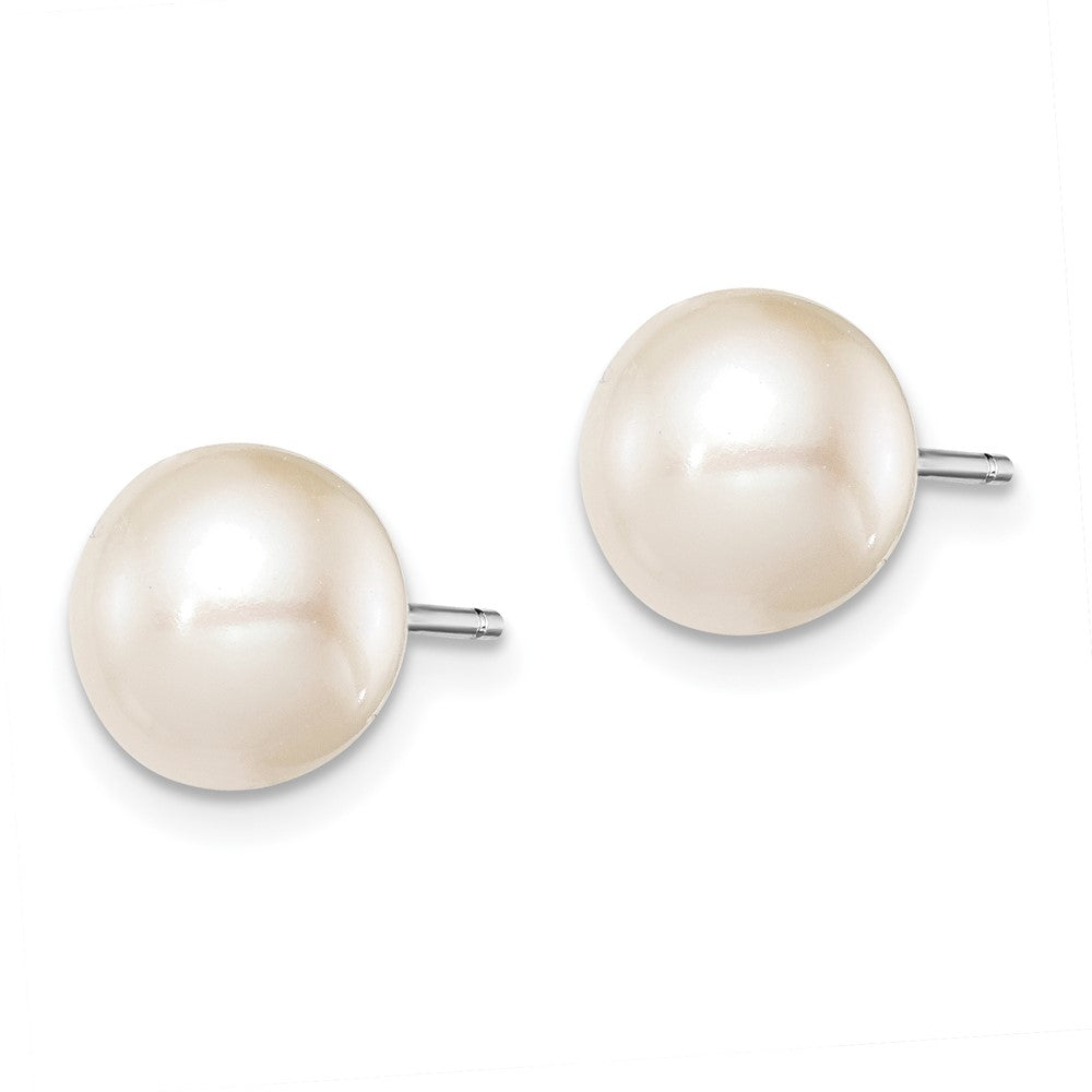 QE12735 Sterling Silver Rhodium-plated 8-9mm White Round Freshwater Cultured Pearl Post Earrings