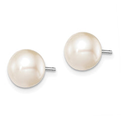 QE12735 Sterling Silver Rhodium-plated 8-9mm White Round Freshwater Cultured Pearl Post Earrings