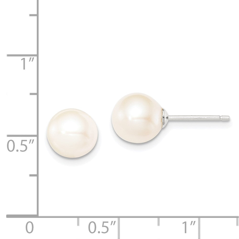QE12735 Sterling Silver Rhodium-plated 8-9mm White Round Freshwater Cultured Pearl Post Earrings
