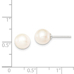 QE12735 Sterling Silver Rhodium-plated 8-9mm White Round Freshwater Cultured Pearl Post Earrings