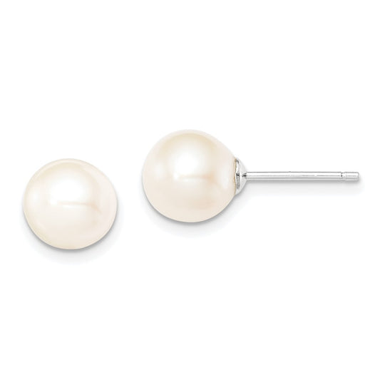 QE12735 Sterling Silver Rhodium-plated 8-9mm White Round Freshwater Cultured Pearl Post Earrings