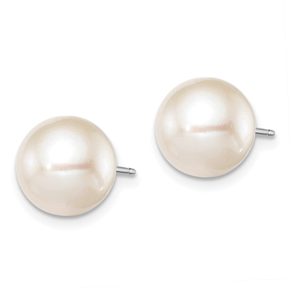 QE12736 Sterling Silver Rhodium-plated 9-10mm White Round Freshwater Cultured Pearl Post Earring