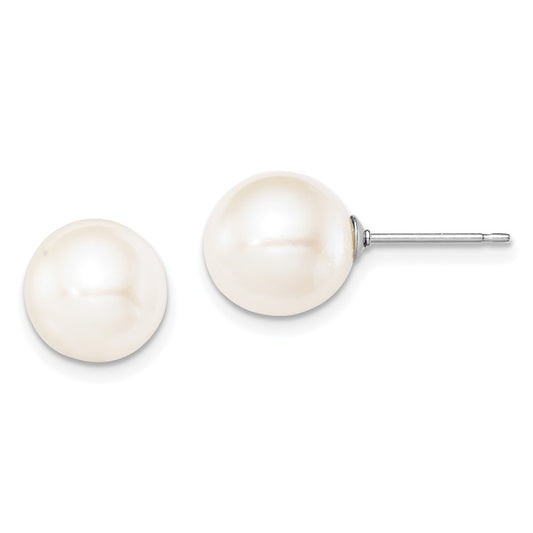 QE12736 Sterling Silver Rhodium-plated 9-10mm White Round Freshwater Cultured Pearl Post Earring