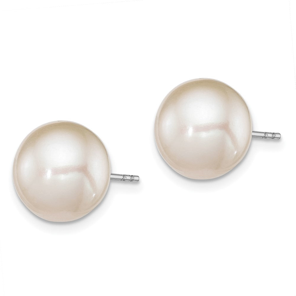 QE12737 Sterling Silver Rhodium-plated 10-11mm White Round Freshwater Cultured Pearl Post Earrings