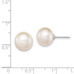 QE12737 Sterling Silver Rhodium-plated 10-11mm White Round Freshwater Cultured Pearl Post Earrings