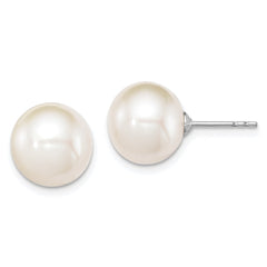 QE12737 Sterling Silver Rhodium-plated 10-11mm White Round Freshwater Cultured Pearl Post Earrings