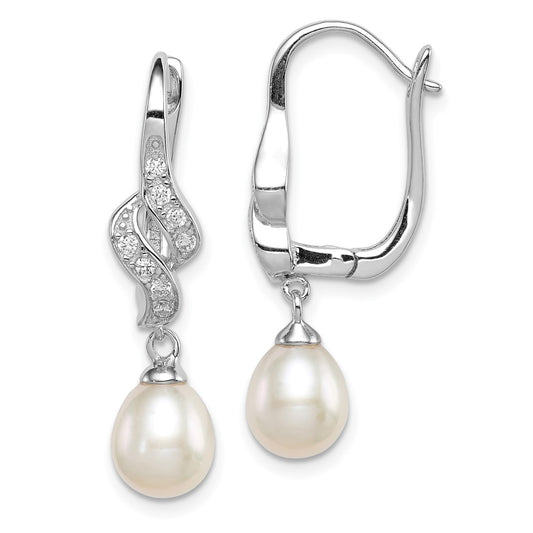 QE12741 Sterling Silver Rhodium-plated 7-8mm White Teardrop Freshwater Cultured Pearl and CZ Dangle Leverback Earrings