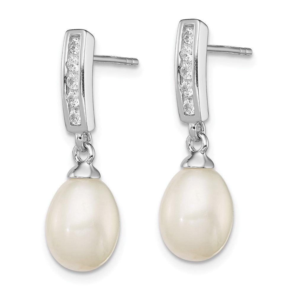 QE12742 Sterling Silver Rhodium-plated 8-9mm White Rice Freshwater Cultured Pearl and CZ Post Dangle Earrings
