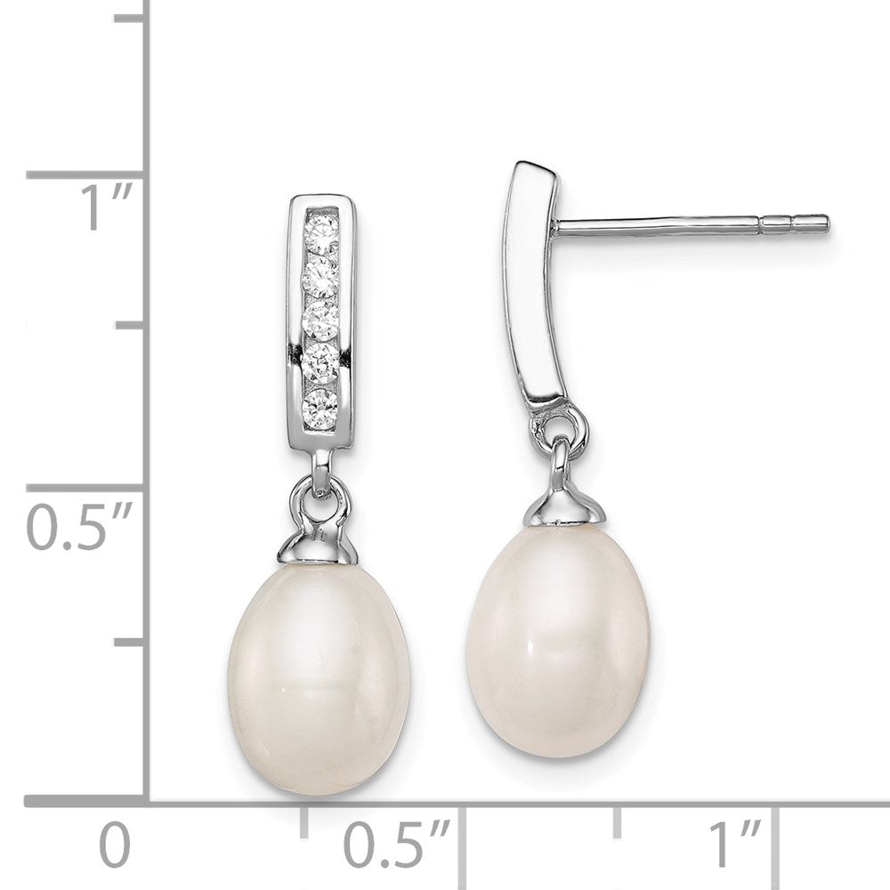 QE12742 Sterling Silver Rhodium-plated 8-9mm White Rice Freshwater Cultured Pearl and CZ Post Dangle Earrings