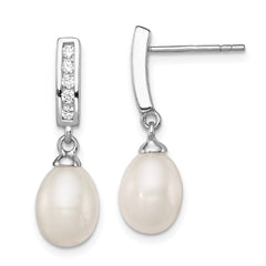 QE12742 Sterling Silver Rhodium-plated 8-9mm White Rice Freshwater Cultured Pearl and CZ Post Dangle Earrings
