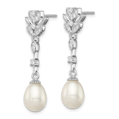 QE12744 Sterling Silver Rhodium-plated 8-9mm White Teardrop Freshwater Cultured Pearl and CZ Post Dangle Earrings