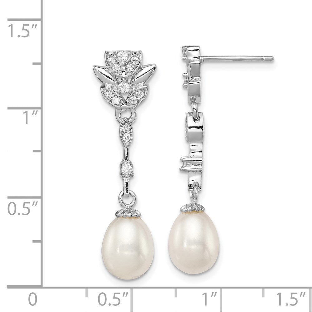 QE12744 Sterling Silver Rhodium-plated 8-9mm White Teardrop Freshwater Cultured Pearl and CZ Post Dangle Earrings