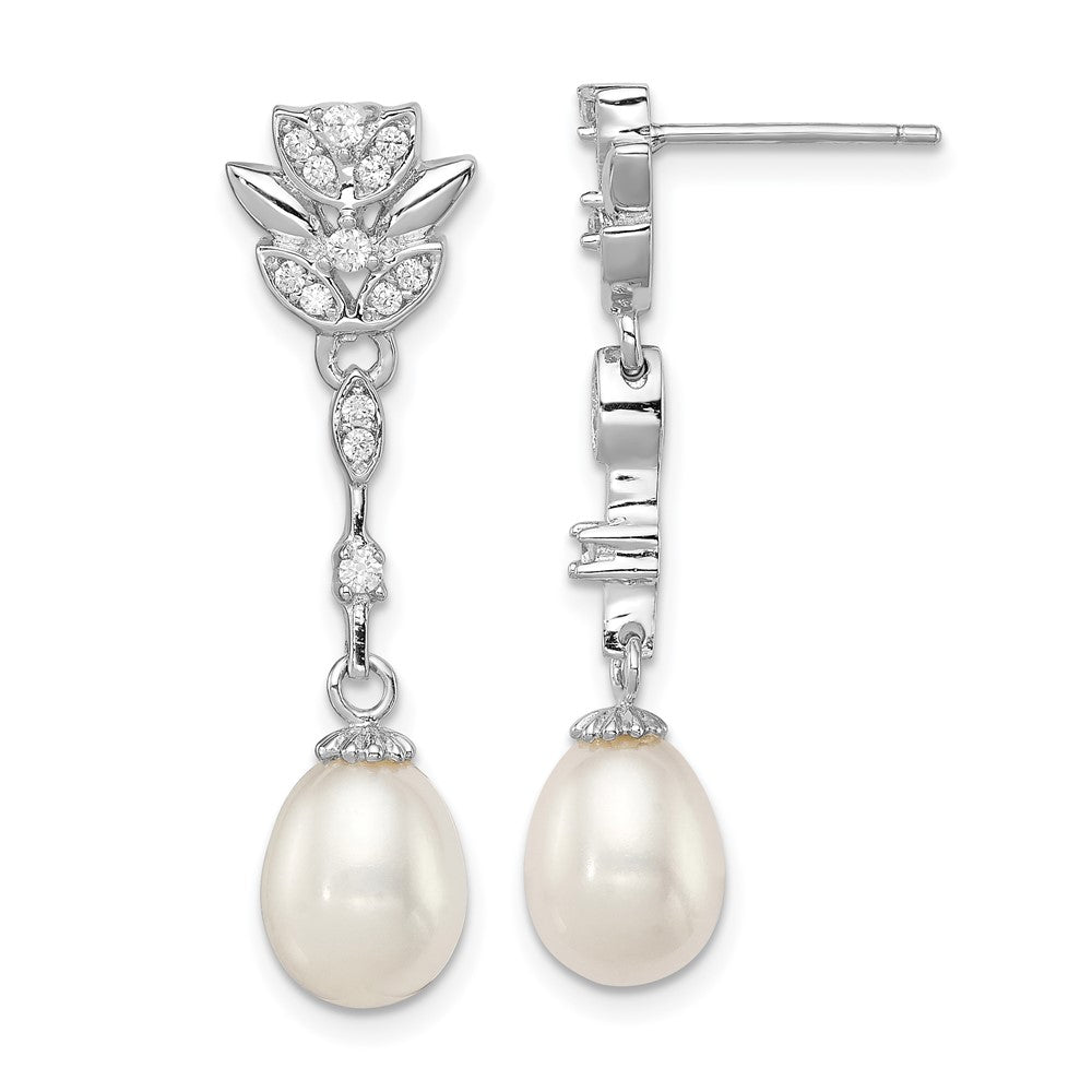 QE12744 Sterling Silver Rhodium-plated 8-9mm White Teardrop Freshwater Cultured Pearl and CZ Post Dangle Earrings