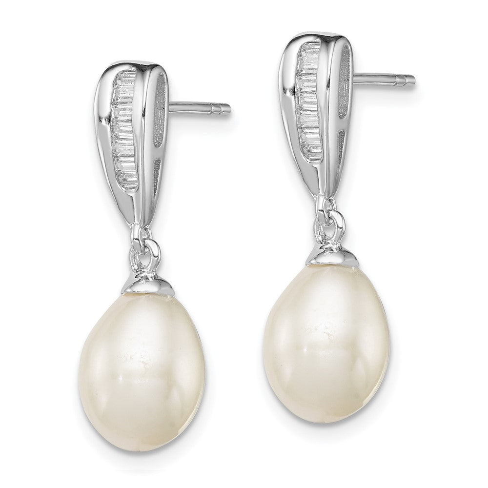 QE12746 Sterling Silver Rhodium-plated 7-8mm White Rice Freshwater Cultured Pearl and CZ Post Dangle Earrings